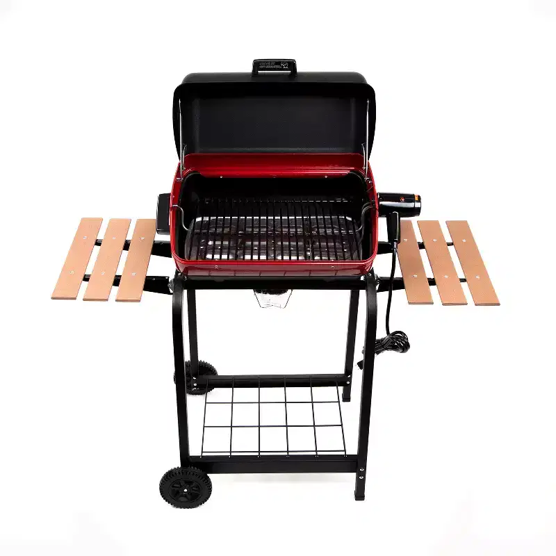 Americana 9325U8.181 Portable Compact Easy Clean 200 Square Inch 3 Heating Zone Electric Cart Grill with Two Folding Tables and Wire Shelf, Red