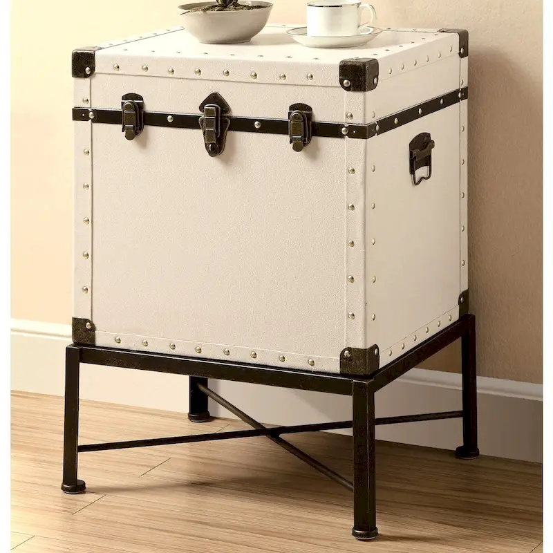 Blue / Cherry / White Trunk-Style Storage Accent Table with Faux Leather & Metal Frame