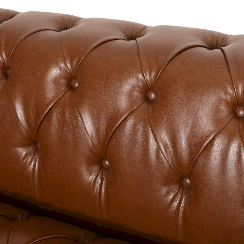 Light Brown / Black PU Leather Button-Tufted 3-Seat Sofa with Birch Wood Round Legs
