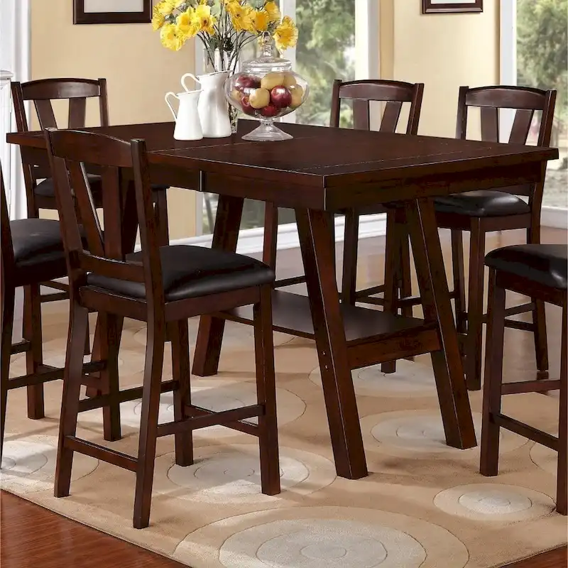 Brown Walnut Counter Height Dining Table with Bottom Shelf & Slanted Legs