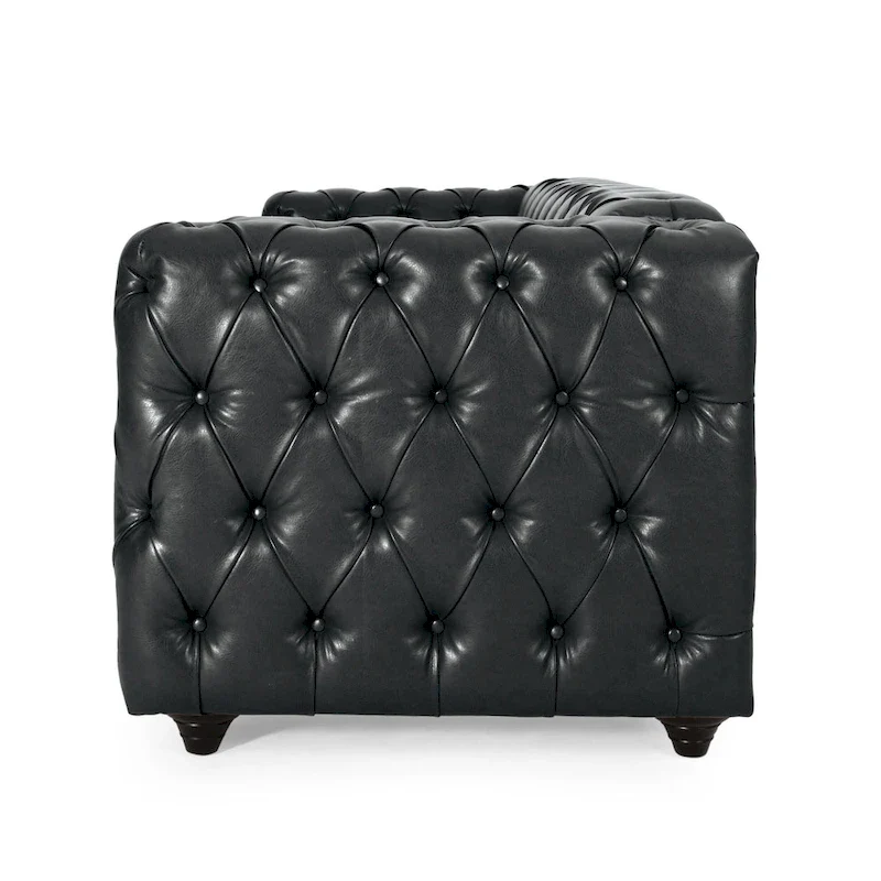 Light Brown / Black PU Leather Button-Tufted 3-Seat Sofa with Birch Wood Round Legs
