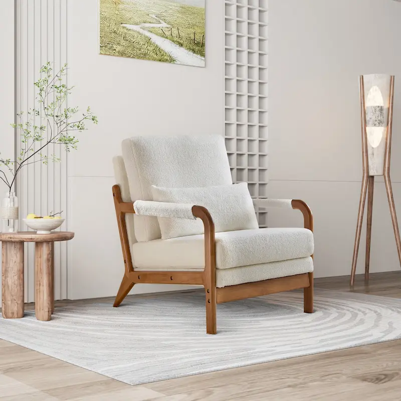 Modern Teddy Fabric Accent Chair, Wood Frame Armchair for Living Room