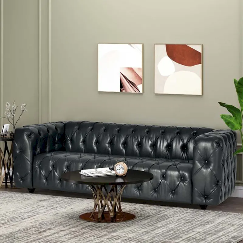 Light Brown / Black PU Leather Button-Tufted 3-Seat Sofa with Birch Wood Round Legs