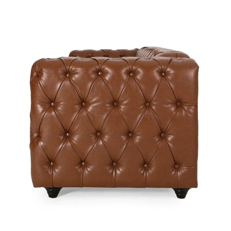 Light Brown / Black PU Leather Button-Tufted 3-Seat Sofa with Birch Wood Round Legs