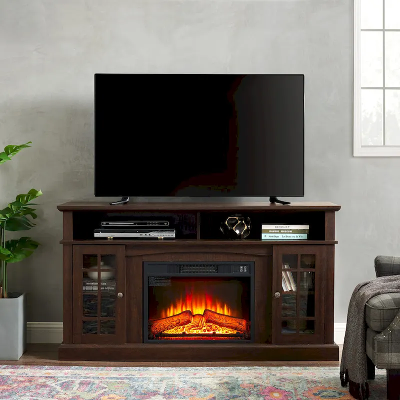 Espresso 58" Electric Fireplace TV Stand with Open & Closed Storage, Fits TVs up to 65"