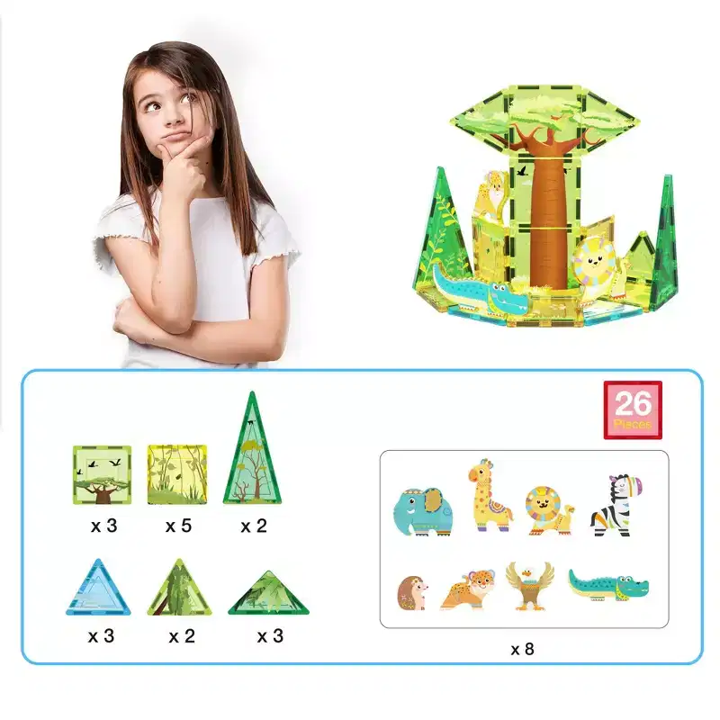 PICASSO-TILES Magnetic Tiles for Kids  Safari Animals Theme 26PCS STEM Construction Building Blocks Educational Toy