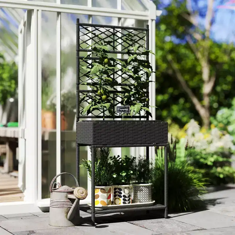 Outsunny Wicker Planter with Trellis for Climbing Plants, Freestanding Rattan Planter with Storage Shelf for Garden, Balcony