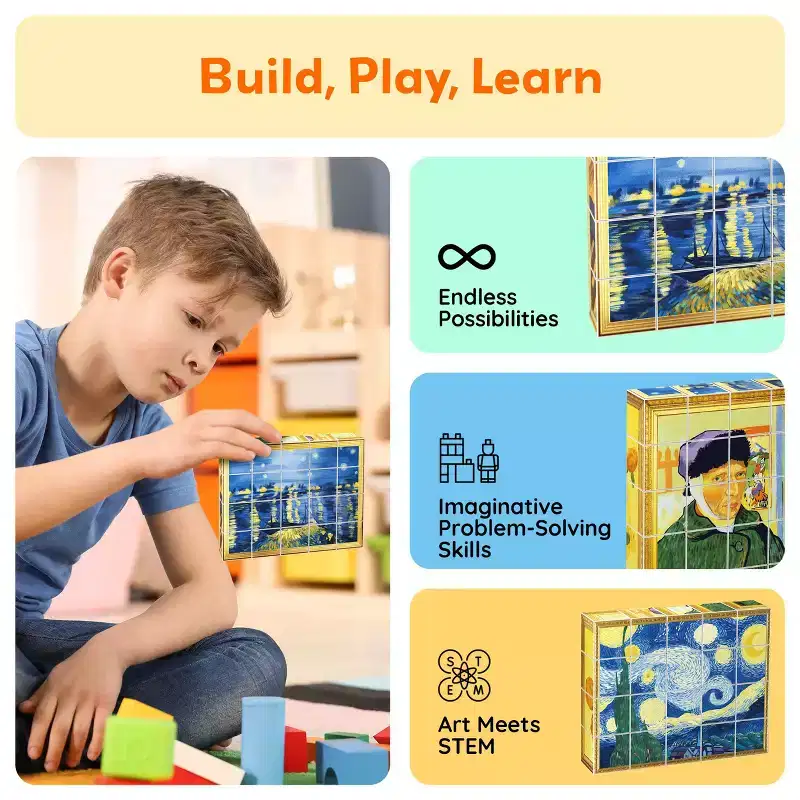 PICASSO-TILES 20PCS 1 Magnetic Puzzle Cubes, Van Gogh & Mona Lisa Hand Puzzle, STEM Educational Mix & Match Art Toy for Kids Boys & Girls 3+