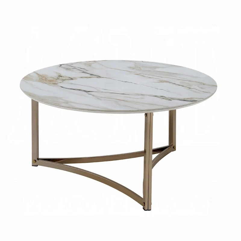 Coffee Table, 35 Inch, Round Sintered Stone Top, White and Gold