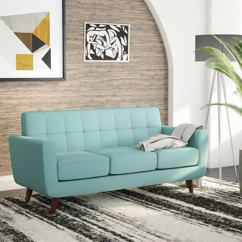 Linen Upholstered Tufted Mid-Century Sofa