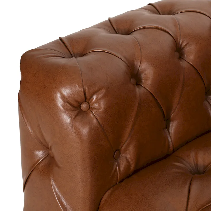 Light Brown / Black PU Leather Button-Tufted 3-Seat Sofa with Birch Wood Round Legs