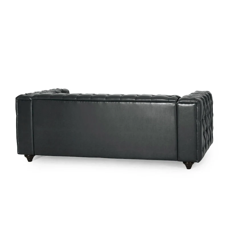 Light Brown / Black PU Leather Button-Tufted 3-Seat Sofa with Birch Wood Round Legs