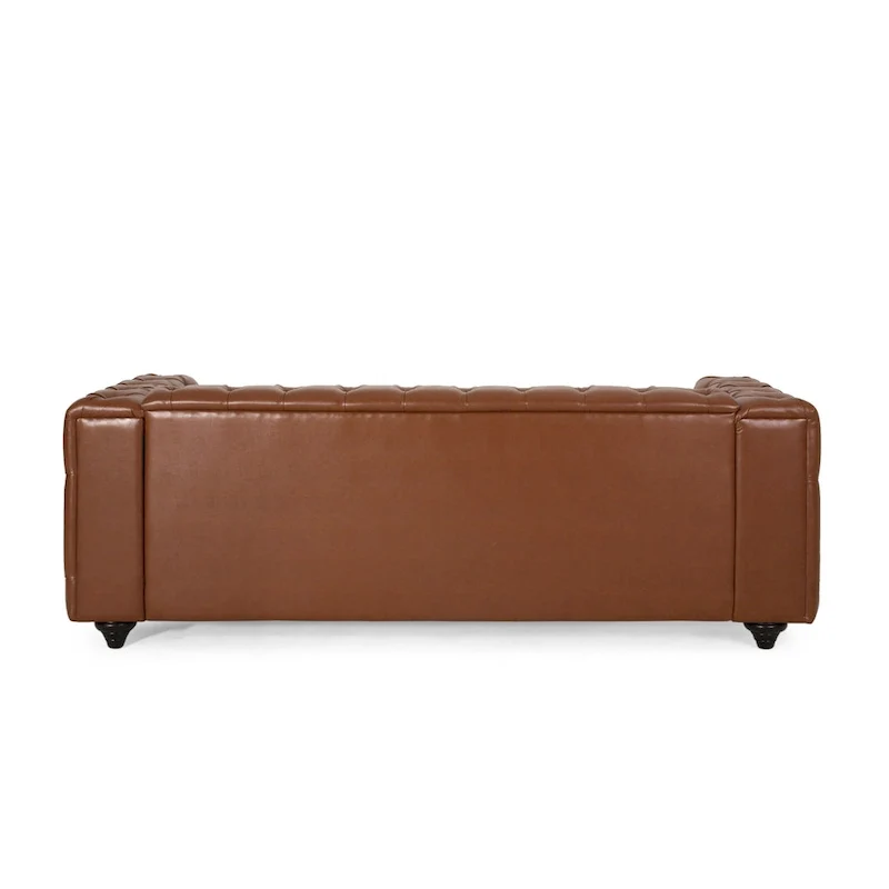Light Brown / Black PU Leather Button-Tufted 3-Seat Sofa with Birch Wood Round Legs
