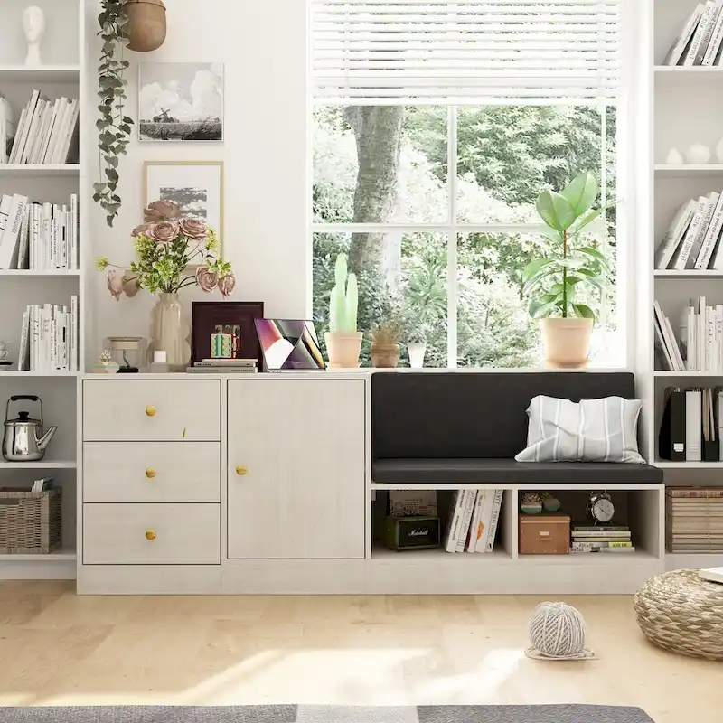 Shoe Storage Bench with Cushioned Seat and Adjustable Shelf