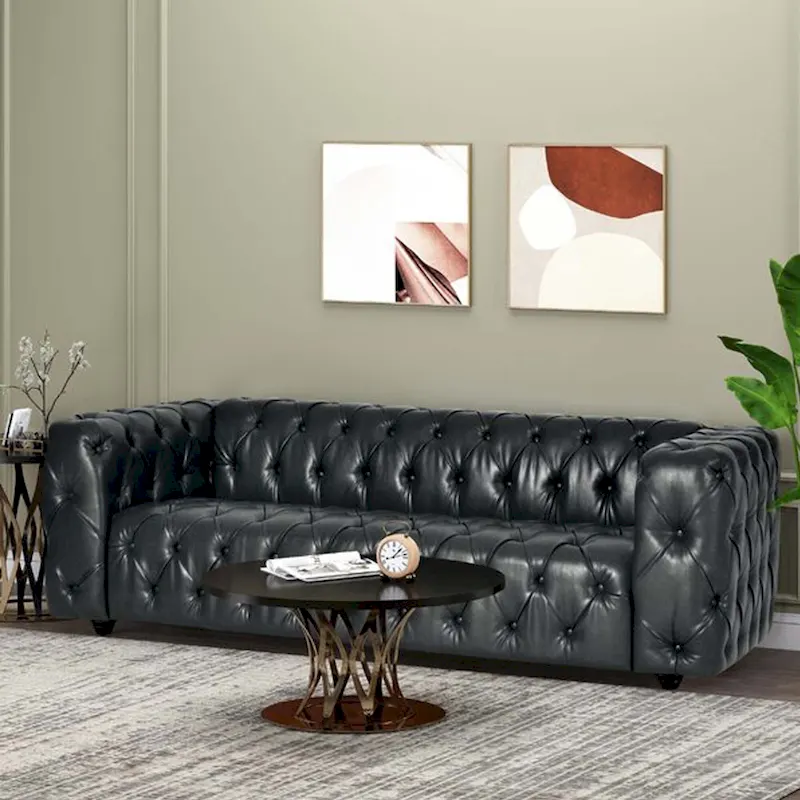 Light Brown / Black PU Leather Button-Tufted 3-Seat Sofa with Birch Wood Round Legs