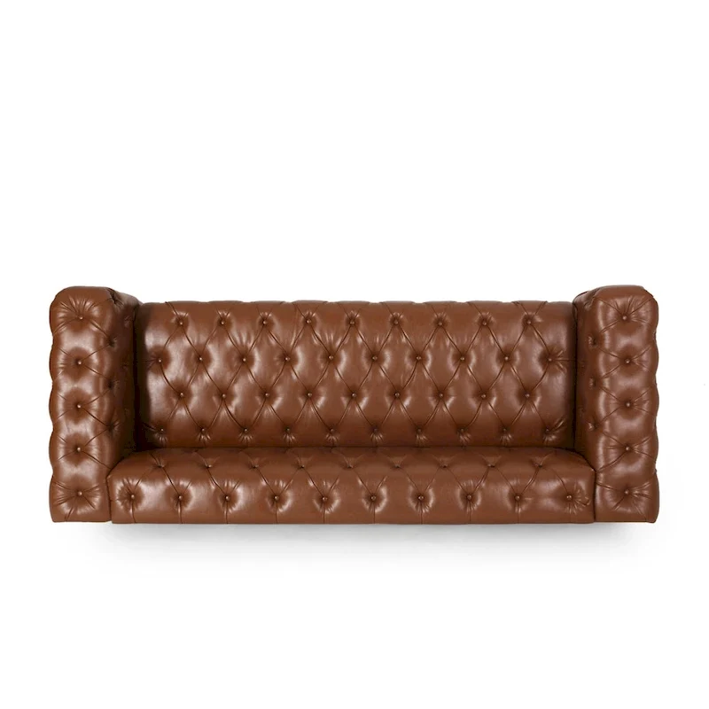 Light Brown / Black PU Leather Button-Tufted 3-Seat Sofa with Birch Wood Round Legs