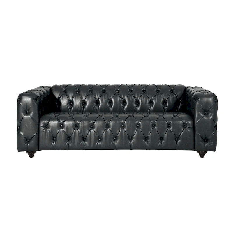 Light Brown / Black PU Leather Button-Tufted 3-Seat Sofa with Birch Wood Round Legs