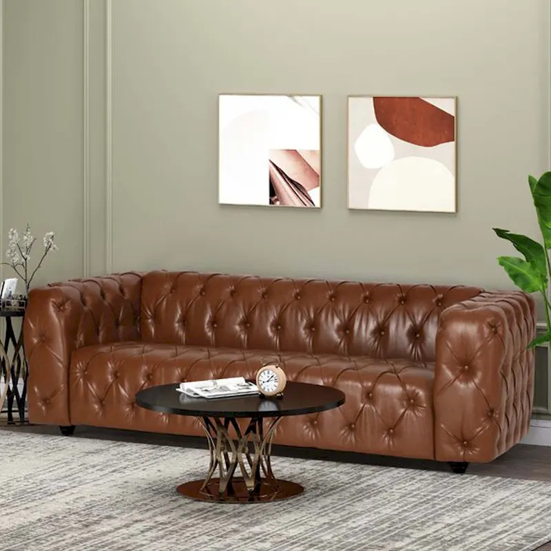 Light Brown / Black PU Leather Button-Tufted 3-Seat Sofa with Birch Wood Round Legs