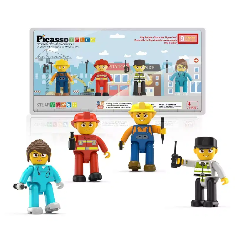 PICASSO-TILES Magnetic Tiles 4PCS Action Figures, City Characters Add-On Set for Magnet Block Construction, Educational Toy for Kids Age 3+