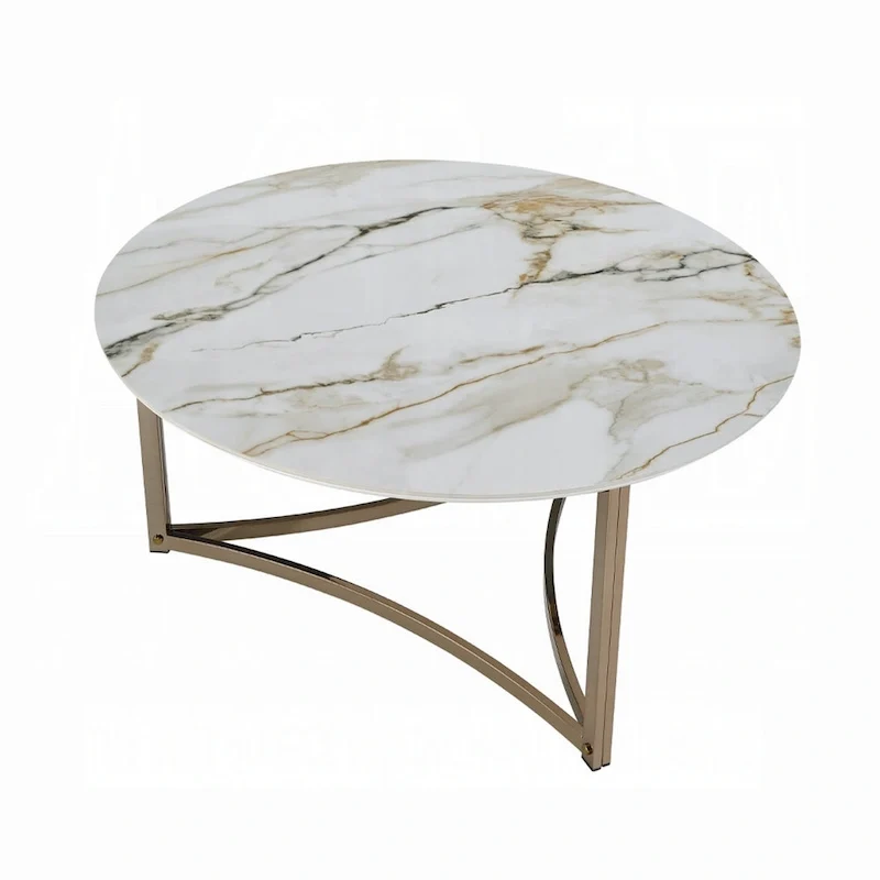 Coffee Table, 35 Inch, Round Sintered Stone Top, White and Gold