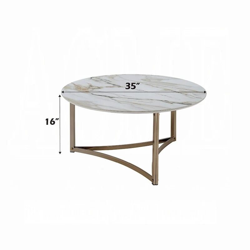 Coffee Table, 35 Inch, Round Sintered Stone Top, White and Gold