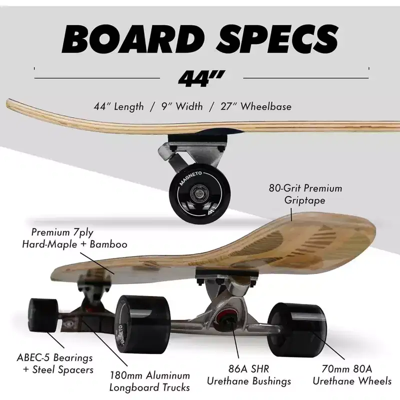 Magneto 44-inch Kicktail Cruiser Longboard Skateboard - Bamboo & Canadian Maple Deck - Commuting, Cruising, Carving (Palm Flats)