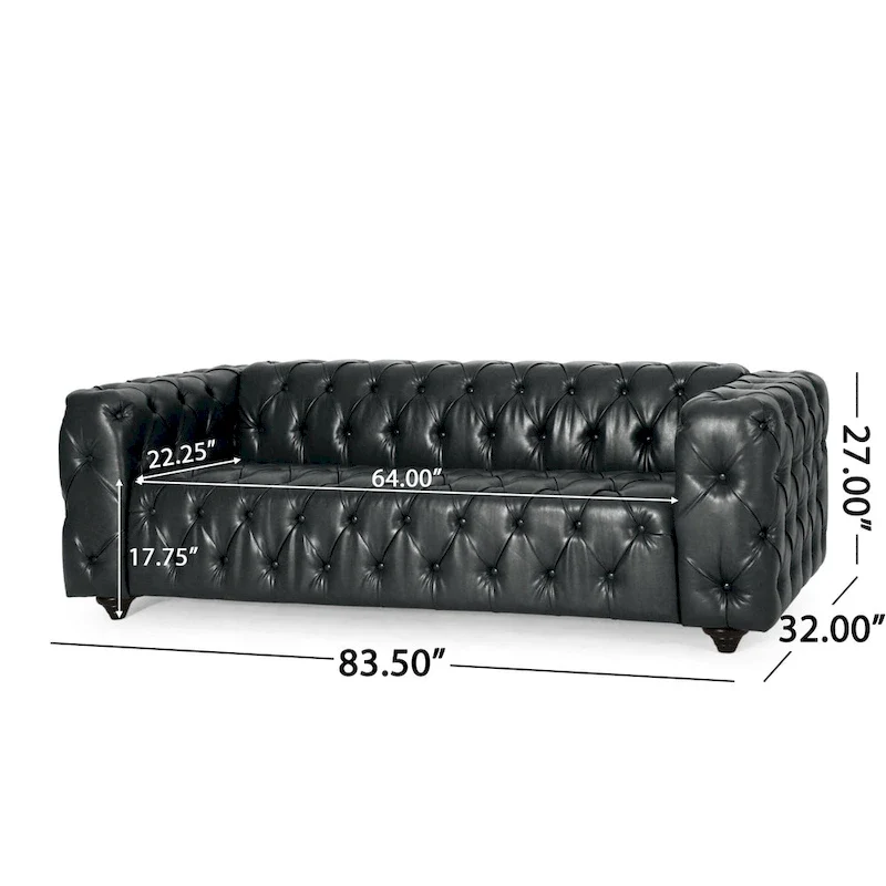 Light Brown / Black PU Leather Button-Tufted 3-Seat Sofa with Birch Wood Round Legs