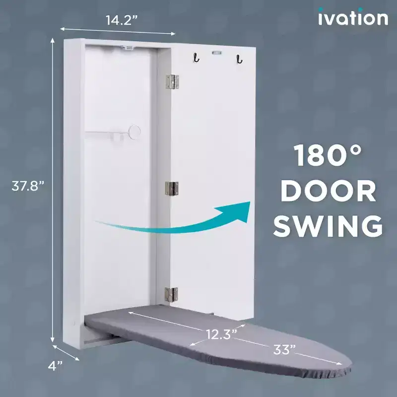 Ivation Ironing Board, Wall Mounted Ironing Board Cabinet W/Right Side Door & Release Lever, White