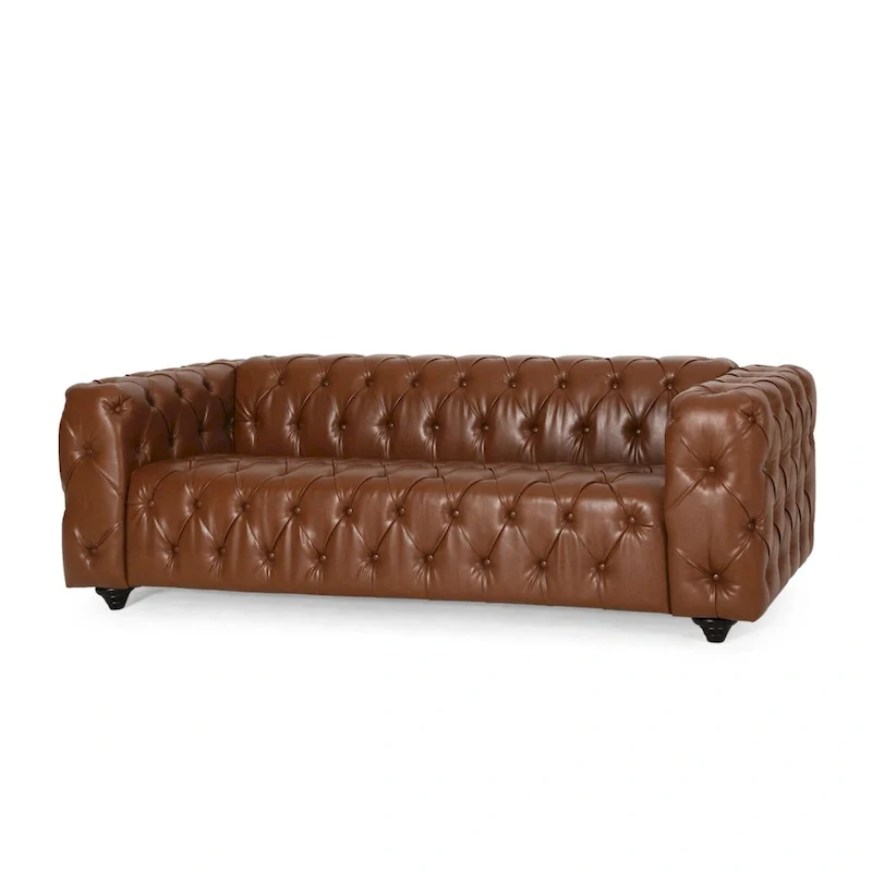 Light Brown / Black PU Leather Button-Tufted 3-Seat Sofa with Birch Wood Round Legs