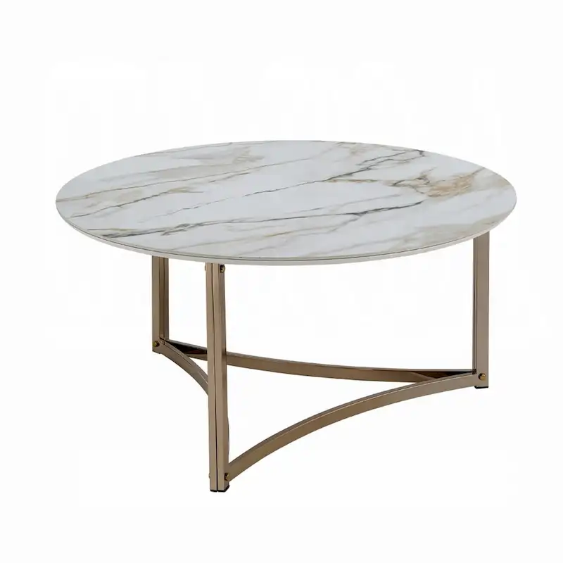 Coffee Table, 35 Inch, Round Sintered Stone Top, White and Gold