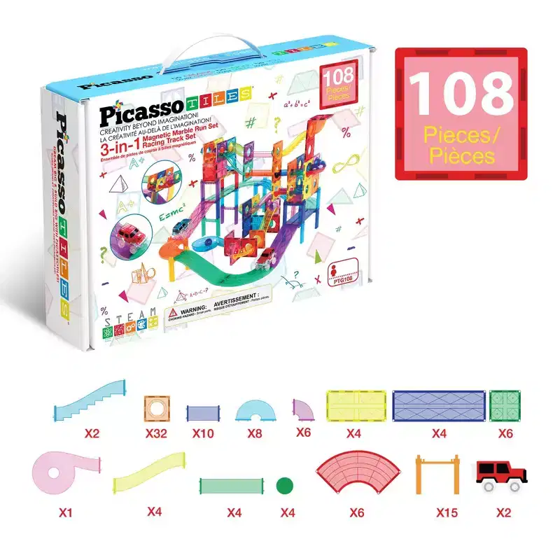 PICASSO-TILES Marble Run Magnetic Tiles for Kids  108PCS STEM Educational Construction Building Blocks Race Track Toy Set